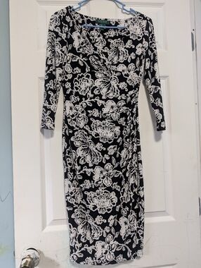 Lauren Ralph Lauren Black and White Floral Long-Sleeve Wrap Dress Womens Size 2